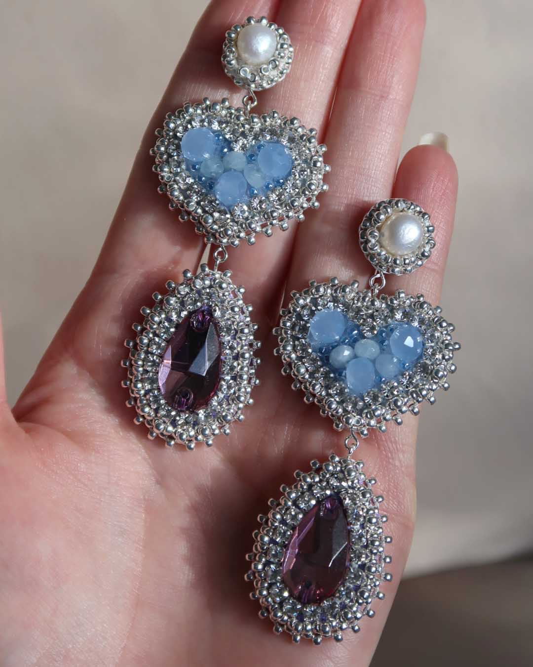 Earrings - Love - Blue, Purple